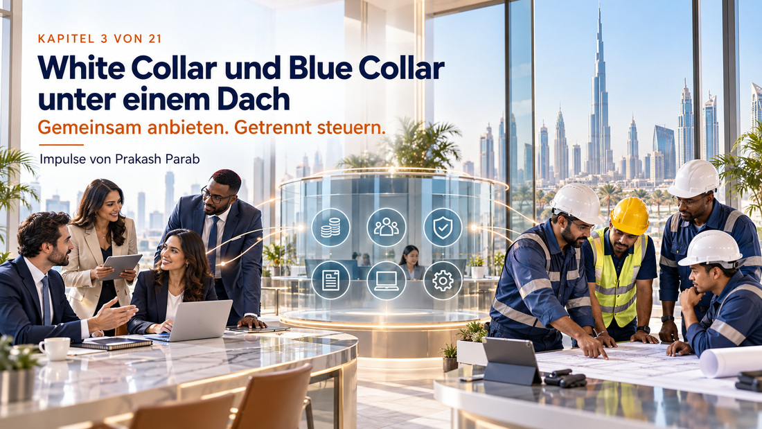 White-Collar- und Blue-Collar-Teams mit gemeinsamem Backoffice vor der Skyline von Dubai