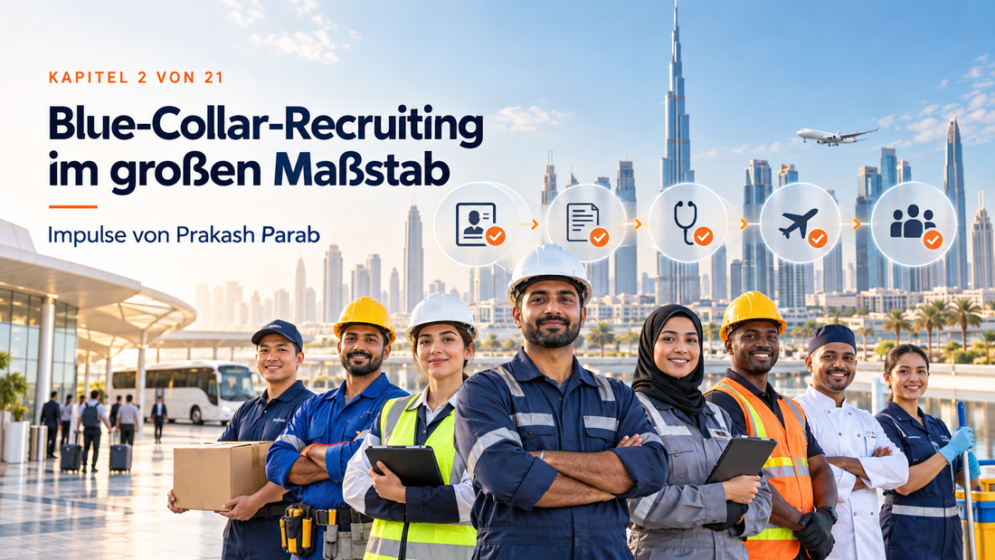Internationales Blue-Collar-Team vor der Dubai-Skyline mit Darstellung eines strukturierten Recruiting- und Mobilisierungsprozesses